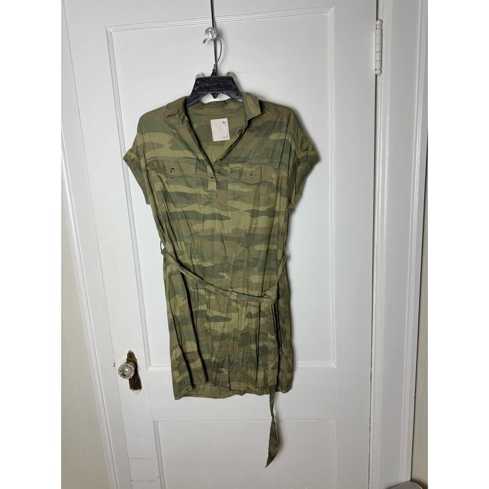 SO Women's Army Green Camo Collared Mini Tie Belt Shirt Dress Size Small